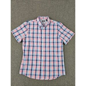 IZOD Mens Short Sleeve Button Down Plaid Shirt Pink Blue White Large